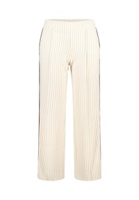 Pantalons larges couleur crème avec des rayures verticales noires, dotés d'une taille élastique et d'une texture lisse. Conçus pour le confort.