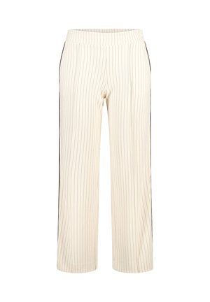 Crème kleurige wijde broek met zwarte verticale strepen, voorzien van een elastische tailleband en een gladde textuur. Ontworpen voor comfort.