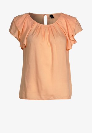 Blusa de manga corta color durazno con mangas acampanadas, escote redondo y detalle de apertura en la espalda. Fabricada con un tejido ligero y suave.