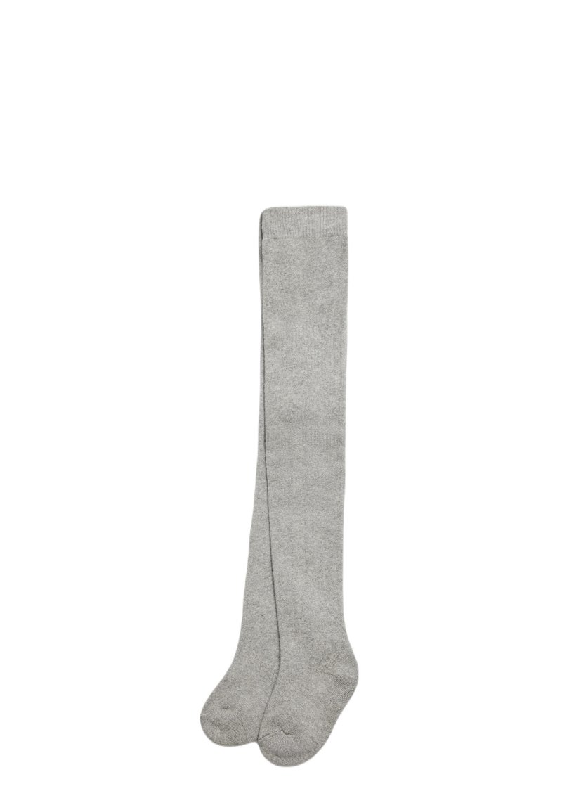 Calcetines gris hasta la rodilla hechos de una suave tela. Presentan una textura lisa con un diseño recto y una puntera reforzada.