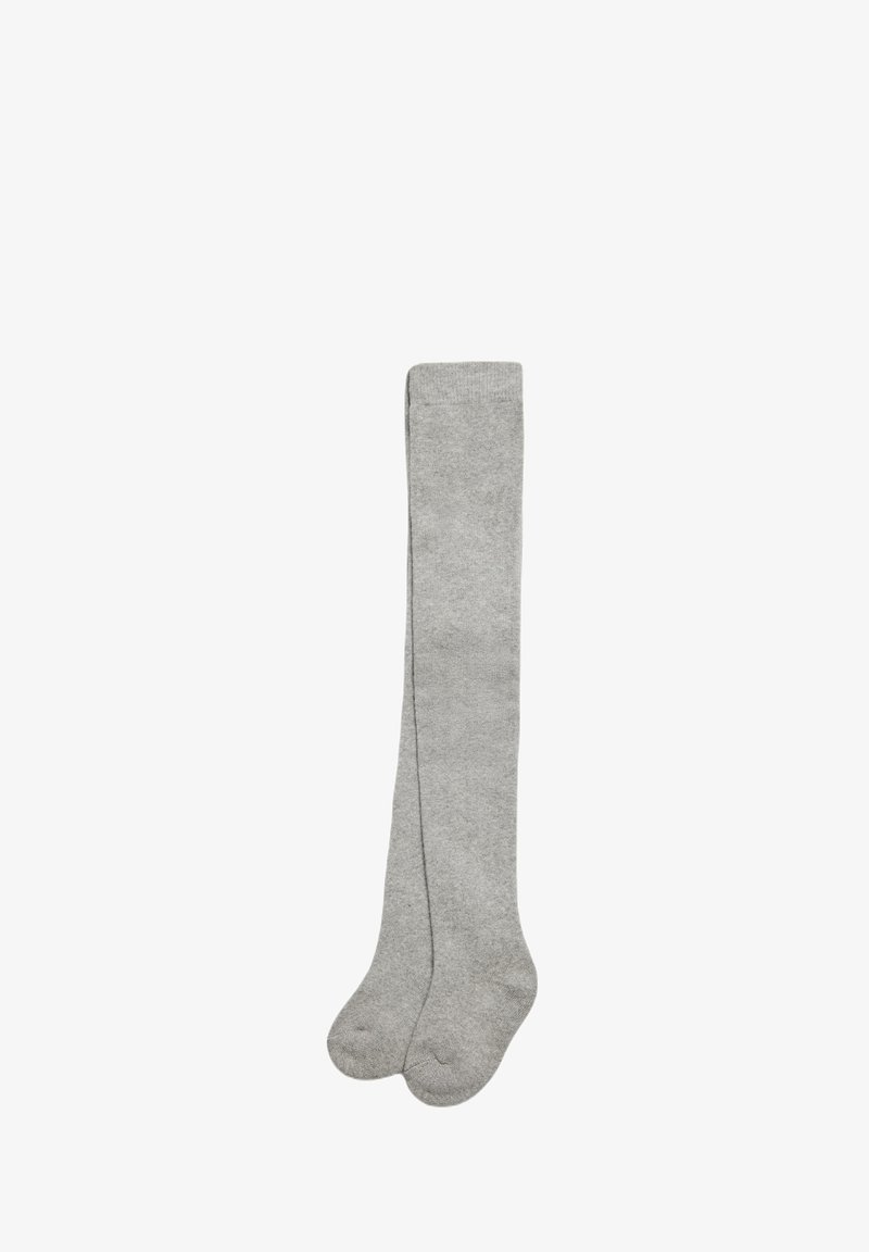 Calcetines gris hasta la rodilla hechos de una suave tela. Presentan una textura lisa con un diseño recto y una puntera reforzada.