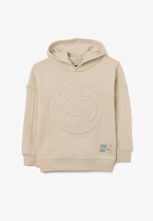 Sudadera beige con un diseño texturizado de un globo en la parte frontal, bolsillo delantero y una etiqueta cosida que presenta una frase relacionada con la carretera.