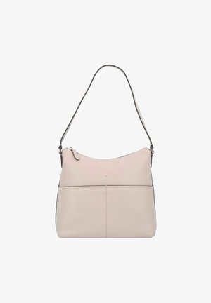 Borsa a tracolla in pelle rosa chiaro con parte superiore curva, una tracolla singola, chiusura con cerniera, tasca frontale e dettaglio logo discreto. Texture liscia.