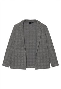 Blazer grigio a quadri con un design rilassato e aperto, caratterizzato da un tessuto testurizzato e rever a punta. Nessun bottone o chiusura visibile.