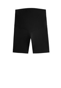 Fekete, magas derekú biker rövidnadrágok V alakú varrással az elején, sima, rugalmas anyagból készült.