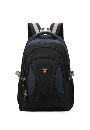 Sac à dos noir et marine avec un tissu texturé, deux poches latérales en mesh et un dos rembourré. Équipé de bretelles ajustables et d'un logo orange.