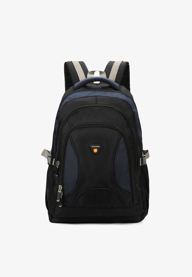 Zaino nero e blu con tessuto testurizzato, due tasche laterali in rete e schienale imbottito. Presenta spallacci regolabili e un logo arancione.