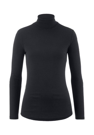 Zwarte lange mouwen turtleneck top gemaakt van zacht materiaal, met een aansluitend ontwerp en een gladde textuur zonder zichtbare patronen of versieringen.