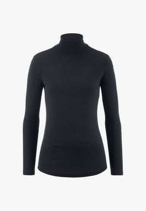 Black long-sleeve turtleneck top made from soft material, featuring a fitted design and smooth texture with no visible patterns or embellishments.