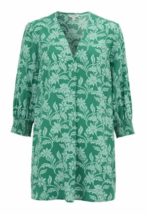Grøn bluse med lyst blomsterprint, V-hals, trekvartlange pufærmer med elastiske manchetter og lige kant.