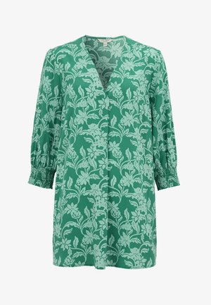 Grøn bluse med lyst blomsterprint, V-hals, trekvartlange pufærmer med elastiske manchetter og lige kant.