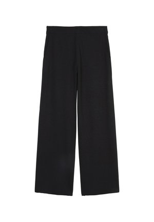 Czarne spodnie z szerokimi nogawkami, wykonane z miękkiego materiału, z elastycznym paskiem i bocznymi kieszeniami, o gładkiej fakturze i bez widocznych wzorów.