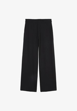 Czarne spodnie z szerokimi nogawkami, wykonane z miękkiego materiału, z elastycznym paskiem i bocznymi kieszeniami, o gładkiej fakturze i bez widocznych wzorów.