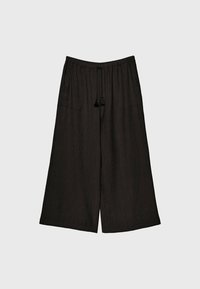 Zwarte wijde broek van gestructureerde stof. Voorzien van een elastische tailleband met trekkoord en twee steekzakken aan de zijkant.