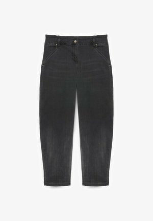 Black denim trousers with a straight cut, featuring five pockets, subtle fading, and metallic accents on the waistband.