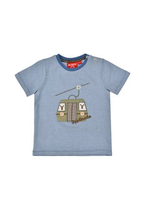 Hellblau-weiß gestreiftes Kleinkindhemd mit einer Kabelbahn-Applikation, die Hirschköpfe, Blumen und den Text "Gipfelkreuzler" auf der Vorderseite zeigt.