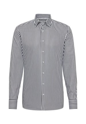 Zwart-witte gestreepte long-sleeve shirt met een button-down kraag en knopen aan de voorkant; voorzien van contrasterende strepen op de mouwen.