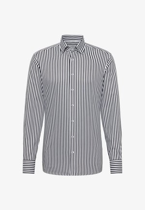 Zwart-witte gestreepte long-sleeve shirt met een button-down kraag en knopen aan de voorkant; voorzien van contrasterende strepen op de mouwen.