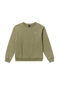Olivgrüner Pullover mit rundem Ausschnitt, langen Ärmeln und gerippten Bündchen sowie Saum. Enthält ein kleines Logo-Tag auf der Vorderseite.