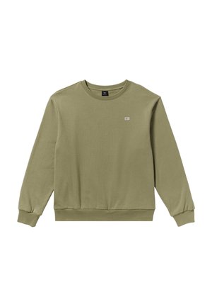 Olijfgroen sweatshirt met een ronde halslijn, lange mouwen en geribbelde boorden en zoom. Voorzien van een klein logo-label aan de voorkant.