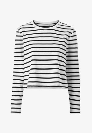 Crop top à manches longues rayé noir et blanc. Doté d'un col rond et d'un tissu en coton doux avec une texture lisse.