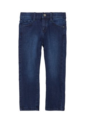 Jeans de mezclilla de color azul oscuro con bolsillos frontales, pasadores para cinturón y cierre de botón metálico, laid flat sobre un fondo blanco.