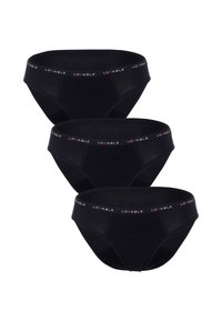 Tre paia di slip in cotone nero presentano un cinturino con logo con la scritta "LOVABLE" in bianco e rosso. Finitura liscia, design a vita media.