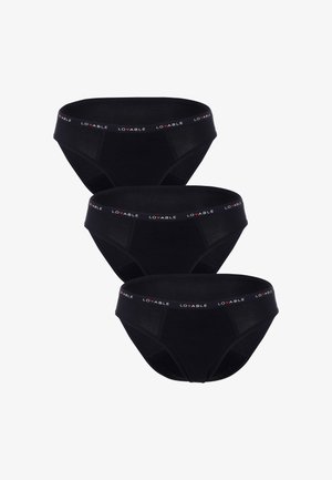 Tre paia di slip in cotone nero presentano un cinturino con logo con la scritta "LOVABLE" in bianco e rosso. Finitura liscia, design a vita media.
