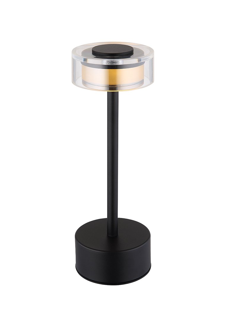 Schwarz-goldene zylindrische Tischlampe mit klarem Kunststoffdiffusor und runder schwarzer Basis auf weißem Hintergrund.