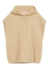 Beige ärmellose Kapuzenjacke aus weichem Stoff, mit hohem Kragen, Kordeln und einer lockeren Passform mit seitlichen Schlitzen für mehr Bewegungsfreiheit.