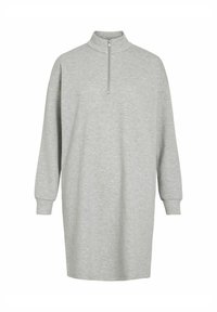 Lange mouwen lichtgrijze sweatshirt jurk met een hoge kraag en een voorzijde half-ritssluiting.