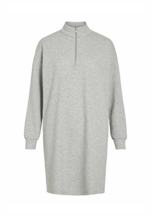 Dug dugog sivi dukserica haljina s visokim ovratnikom i prednjim polu zatvaračem.