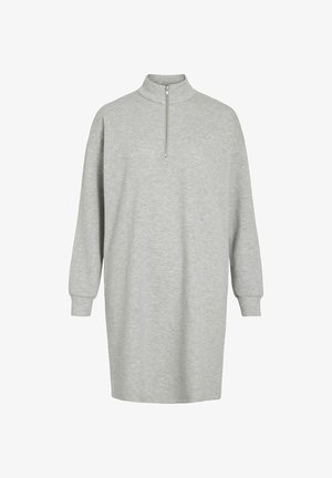 Dolge rokave lahka siva obleka s kapuco in sprednjim polovičnim zadrgo.