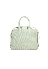 Borsa a mano verde chiaro realizzata in materiale testurizzato con un motivo trapuntato. Presenta doppi manici superiori e dettagli in metallo dorato.