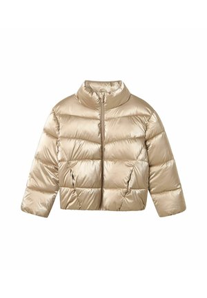Doudoune beige métallisé, avec un col haut, un design matelassé et deux poches latérales. Présente une fermeture éclair à l'avant et une silhouette courte.