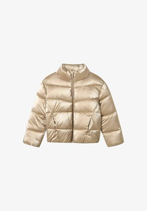 Doudoune beige métallisé, avec un col haut, un design matelassé et deux poches latérales. Présente une fermeture éclair à l'avant et une silhouette courte.