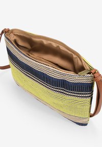 Bolsita tejida con rayas amarillas, azul marino y beige. Presenta una correa de hombro de cuero marrón y un cierre de cremallera que revela un interior beige.