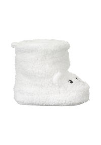 Chausson bébé doux, blanc et duveteux avec des détails de visage d'ours et petites oreilles sur l'avant, présenté en profil latéral sur fond blanc.