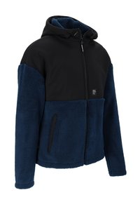 Herrenhoodie aus einer Kombination von schwarzem Nylon und marineblauem Fleece, mit einem Reißverschluss vorne, zwei seitlichen Taschen und einem strukturierten Stoff.