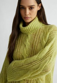 Pullover chunky verde lime con alto collo a coste. Presenta un motivo a treccia e sezioni trasparenti. Materiale morbido e texture.