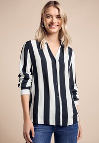 Schwarz-weißer gestreifter Hemd aus einem leichten Stoff, mit einer durchgehenden Knopfleiste, langen Ärmeln und einem klassischen Kragen.