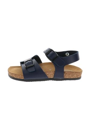 Sandalia azul marino con puntera abierta, dos correas ajustables, plantilla de corcho y suela de goma negra sobre fondo blanco.