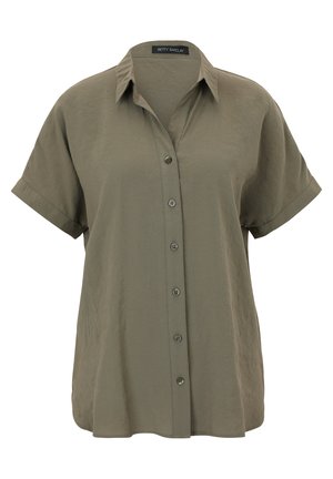 Khaki korte mouwen button-up shirt gemaakt van lichtgewicht stof, met een kraag, knopen aan de voorkant en een relaxte pasvorm.