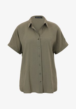 Khaki kurzärmliges Hemd mit Knopfleiste aus leichtem Material, das einen Kragen, Vorderknöpfe und ein entspanntes Design bietet.