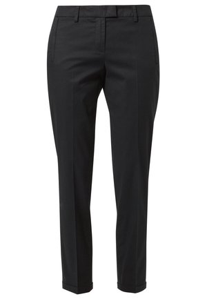 Schwarze, maßgeschneiderte Slim-Fit-Hose mit Gürtelschlaufen, vorderen Einschubtaschen und aufgeschlagenen Säumen.