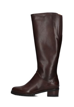 Tall dark brown leather boot with low stacked heel and rounded toe, smooth finish and side elastic panel for easy wear.