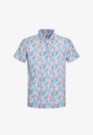 Lühikeste varrukatega polosärk helesinises värvitoonis, millel on mitmevärviline, abstraktne lillemuster ja kolme nupuga napp. Kerge kangastekstuuri.