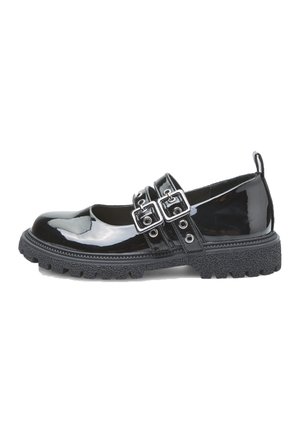 Chaussure en cuir verni noir avec des double boucles, bout arrondi, semelle en caoutchouc texturée et couture détaillée le long des bords.