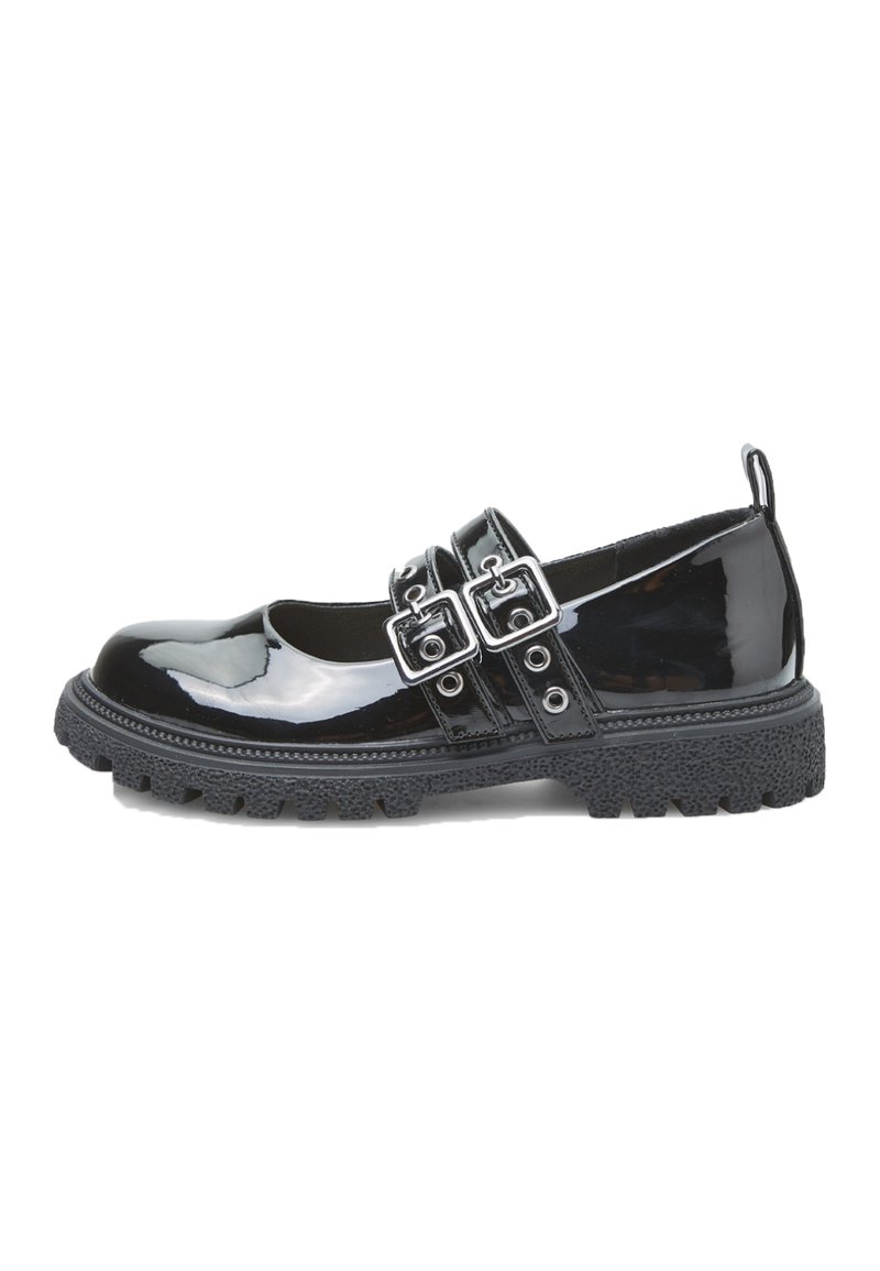 Zapato de charol negro con correas de doble hebilla, punta redondeada, suela de goma texturizada y costuras detalladas a lo largo de los bordes.