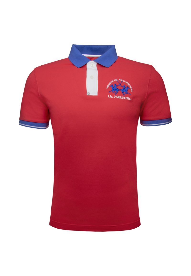 Červená polo tričko s modrým límcem a bílou knoflíkovou légou. Na levé straně hrudi má vyšitý modrý logo golfisty. Materiál: bavlna.